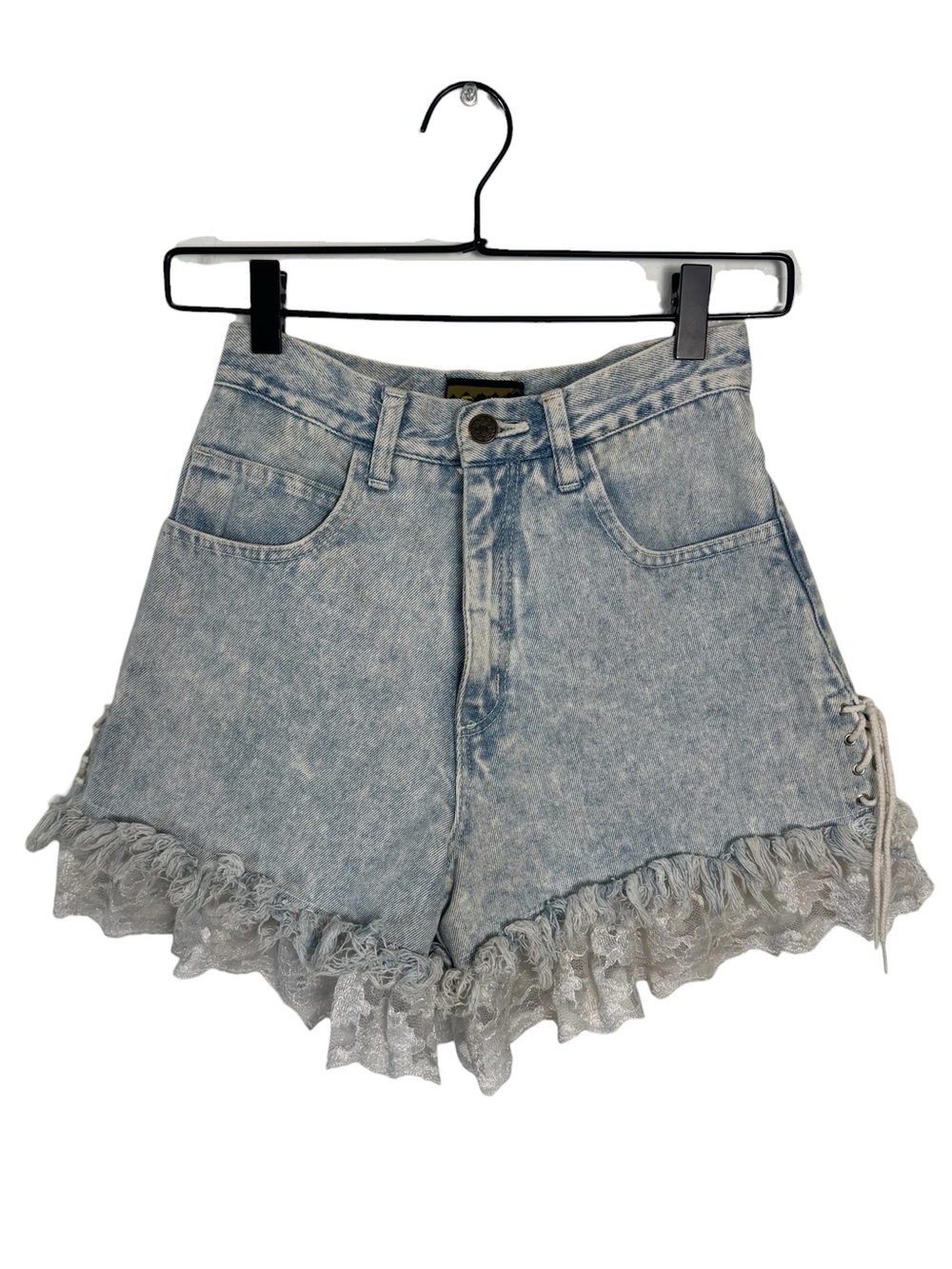 Vintage Patty Acid Wash Lace-Up Denim Shorts Trim Ruffle